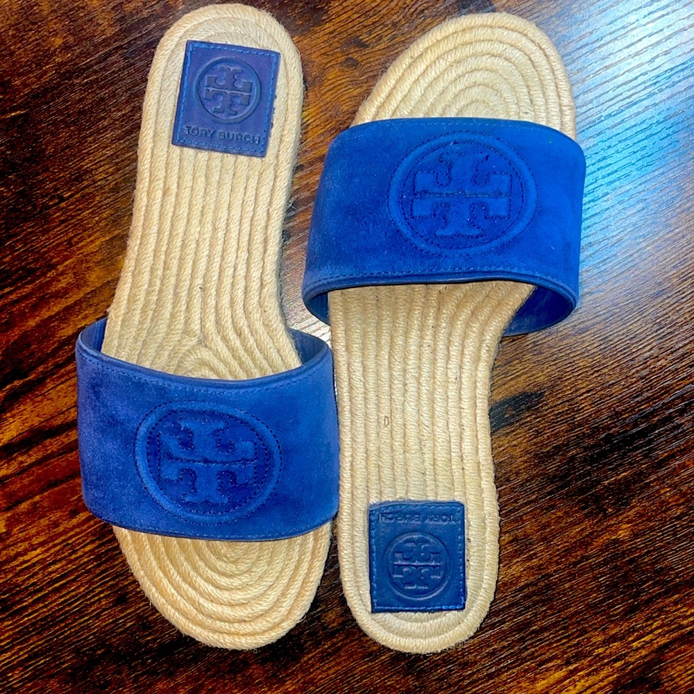 Tory Burch Benton Open Toe Espadrille Slides- blue suede worn 4x come with box